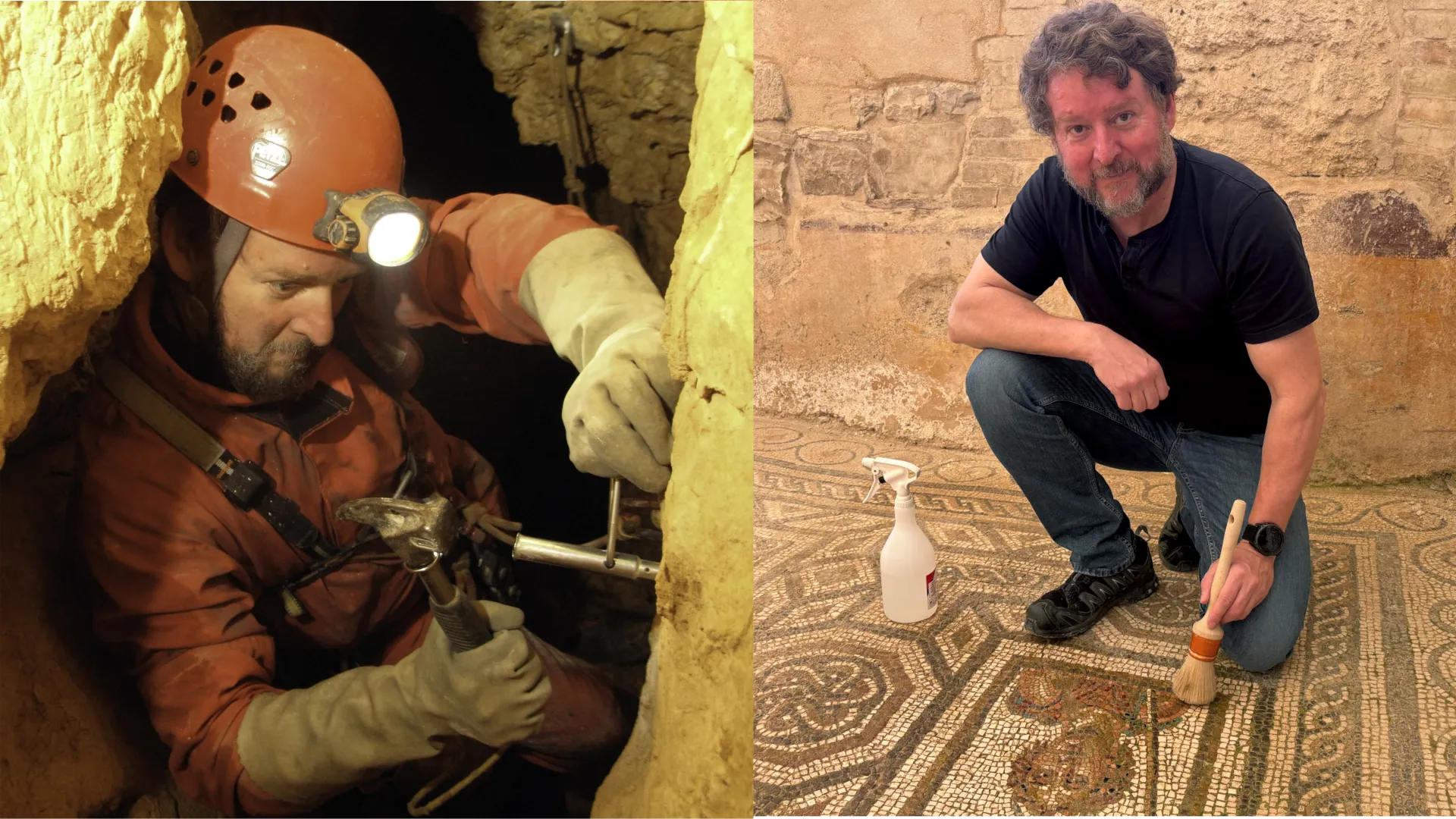 Sergio drilling and showing a mosaic